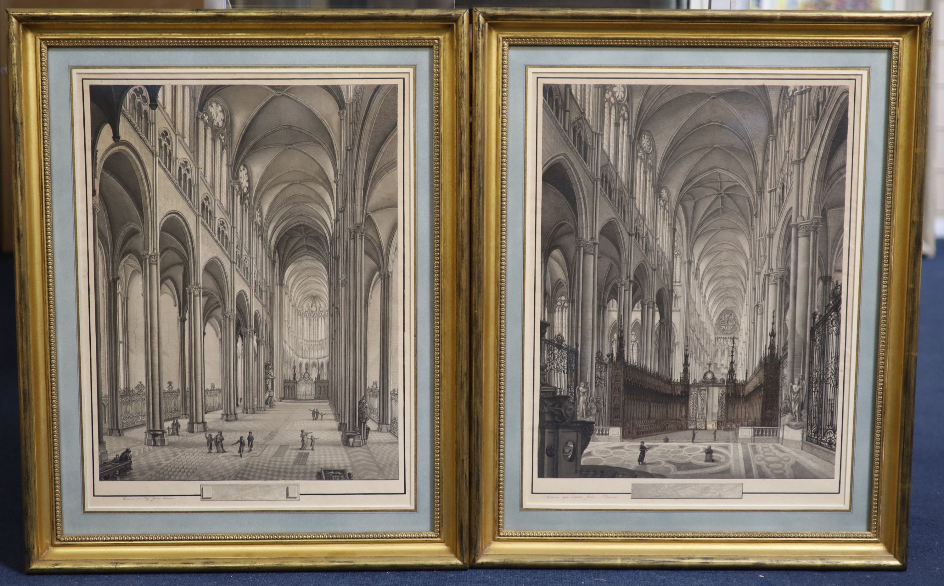 Auguste Joron (fl.c.1820), Cathedral interiors, pair of watercolours en grisaille, 44 x 33.5cm